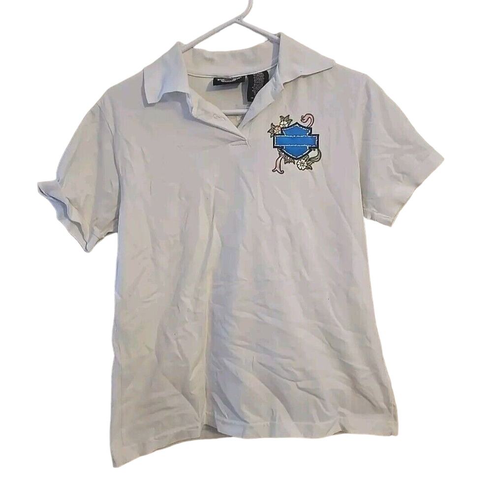 Harley Davidson White Floral Rhinestone Short Sleeve Polo Shirt Womans Size XL